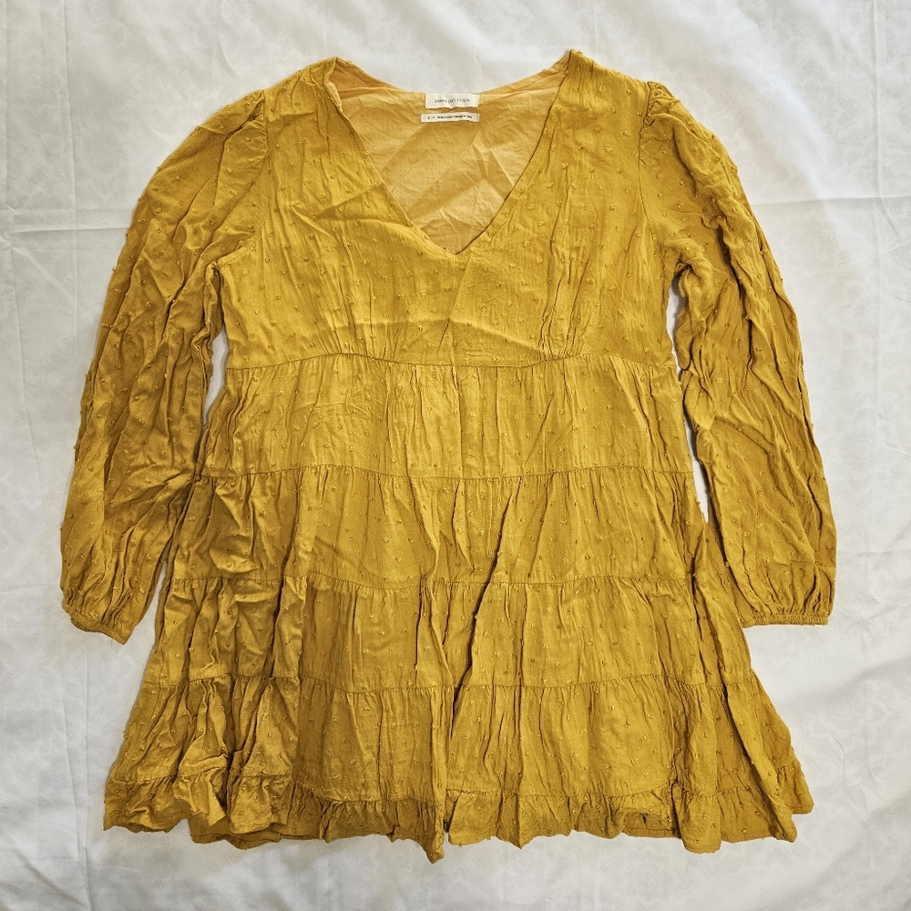 Urban Outfitters Womens S Yellow Swiss Dot Tiered Mini Dress V Neck Long Sleeve